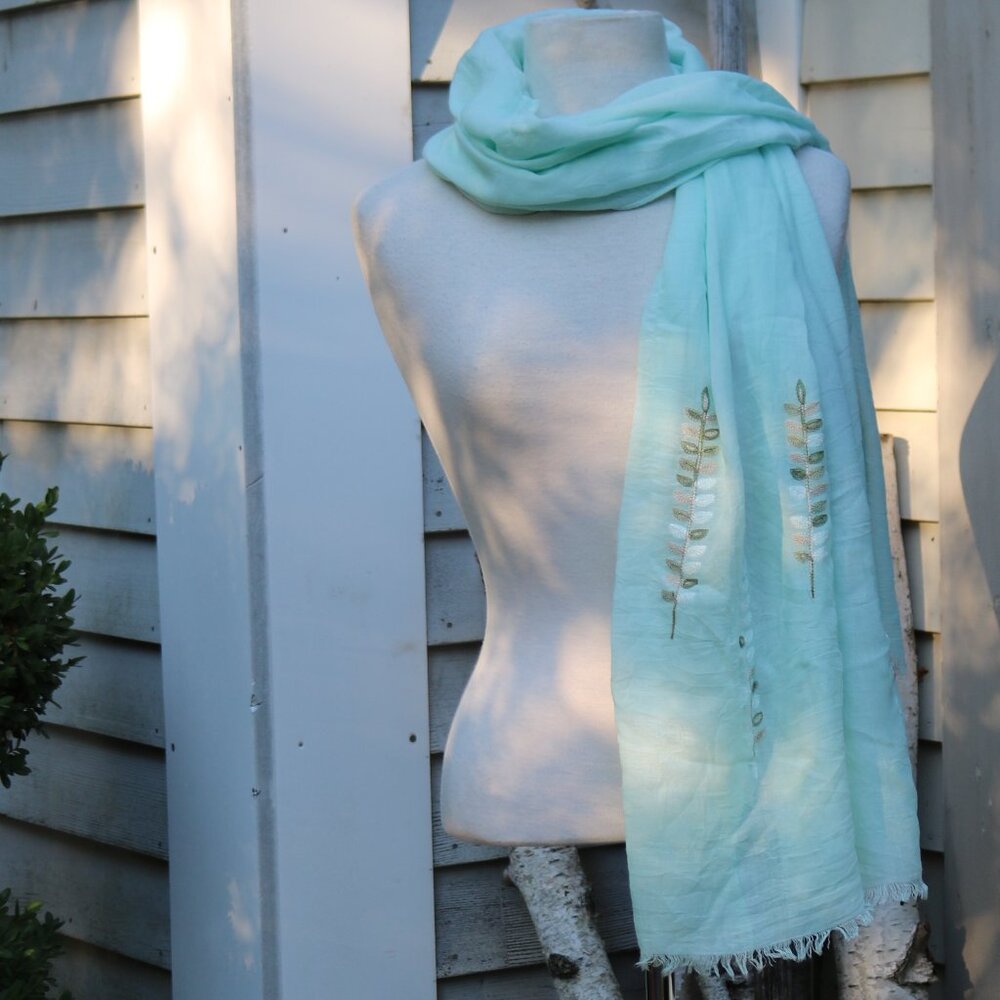 NEW Mint Embroidered Leaves Lightweight Sheer Scarf